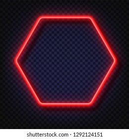 Neon light hexagonal banner. Vector Neon light  frame sign. Realistic glowing red neon hexagonal frame isolated on transparent background. Shining and glowing neon effect. 