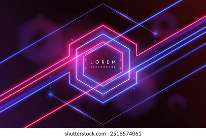 Neon light hexagonal frame with glow effect