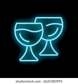 Ícone de luz de néon de dois copos de vinho fazendo um brinde, isolado em um fundo preto