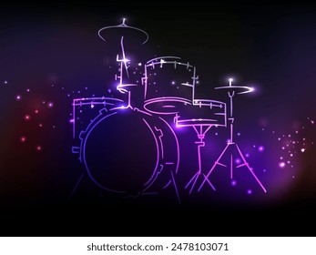 Neon Light Illustration of Drum Set on Dark Background.