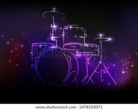 Neon Light Illustration of Drum Set on Dark Background.
