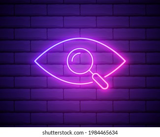 Neon light. Investigate icon. Magnifying glass with eye symbol. Glowing graphic design. Brick wall. Vector.