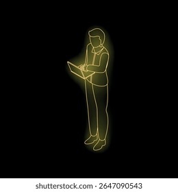 Neon light isometric view of businessman working with laptop on black background