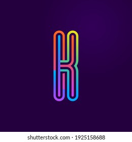 Neon light K letter line logo. Colored tube font for events posters, lacing emblem, nightlife banner and futuristic identity. Typography design.