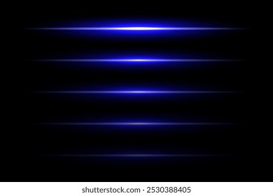 Linhas azul laser de néon com efeito de flash. Abstrato noite feixes elétricos, fluorescente levou raios de luz. Coleção moderna de vetores futuristas isolada sobre fundo preto.