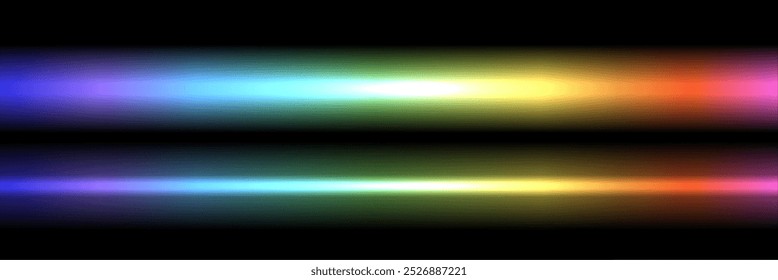 Línea láser de luz de neón en colores blanco, amarillo, rojo, rosa, azul y verde. colección de barra de luz led fluorescente de rayas eléctricas realistas de la noche de Vector aislada sobre fondo negro.