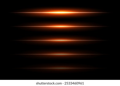 Neon light laser orange lines with flash effect. Abstract night electric beams, fluorescent led light rays. Modern futuristic vector collection isolated on black background.