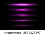 Neon light laser purple lines with flash effect. Violet abstract night electric beams, fluorescent led light rays. Modern futuristic vector collection isolated on black background.