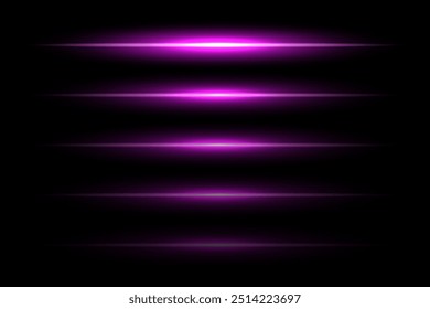 Neon light laser purple lines with flash effect. Violet abstract night electric beams, fluorescent led light rays. Modern futuristic vector collection isolated on black background.