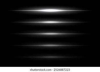 Neon light laser silver lines with flash effect. White abstract night electric beams, fluorescent led light rays. Modern futuristic vector collection isolated on black background.