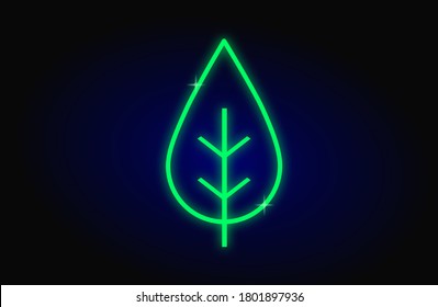 Neon light leave icon on blue dark background, renewable energy  concept,vector illustration 