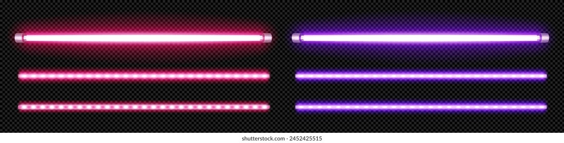 Neon light led tube and stripe on transparent background. Realistic 3d vector illustration set of purple and pink fluorescent halogen lamp with glow effect for bar night party or casino design.