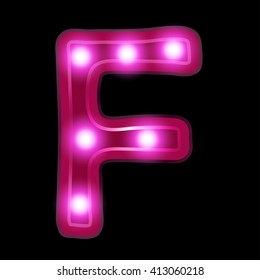 Neon light letter F, vector font illustrations, Lightbulb