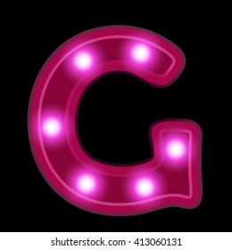 Neon light letter G, vector font illustrations, Lightbulb