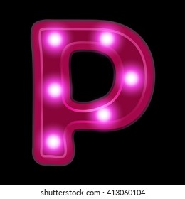 Neon light letter P, vector font illustrations, Lightbulb