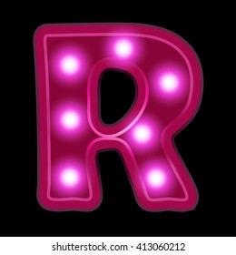 Neon light letter R, vector font illustrations, Lightbulb