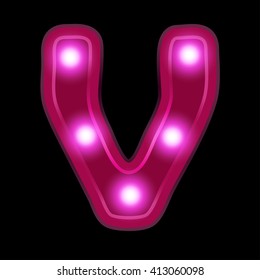 Neon light letter V, vector font illustrations, Lightbulb