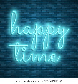 Neon light lettering, Stock vector. Happy time