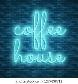 Neon light lettering, Stock vector. Coffee house