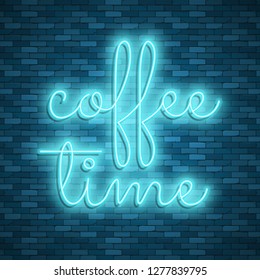 Neon light lettering, Stock vector. Coffee time