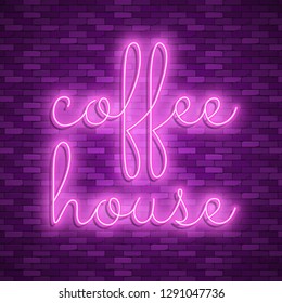 Neon light lettering, Stock vector. Coffee house