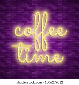 Neon light lettering, Stock vector. Coffee house