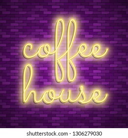 Neon light lettering, Stock vector. Coffee house