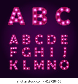 Neon light letters Alphabet ABC, vector font illustrations, Lightbulb