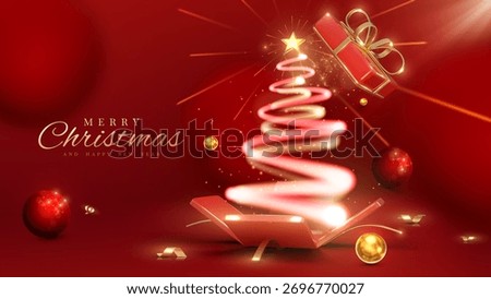 Neon Light Line Christmas Tree in Open Gift Box with Gold Ribbon and Ornaments on Red Background. Luxury Holiday Banner Template for Happy New Year.