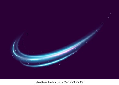 Neon light line effect with glow and speed. Abstract blue wave with magical swirl, trail and sparkle. Futuristic motion flare on dark background. Shiny digital vector shape with electric energy