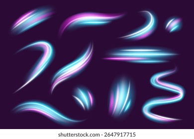 Neon light line effect on dark background. Glowing abstract blue and pink waves with speed motion, swirl trails, sparkles, flare and shine. Vector set of dynamic curved elements on transparent.