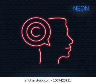Neon light. Ð¡opyrighter line icon. Writer person sign. Copywriting symbol. Glowing graphic design. Brick wall. Vector