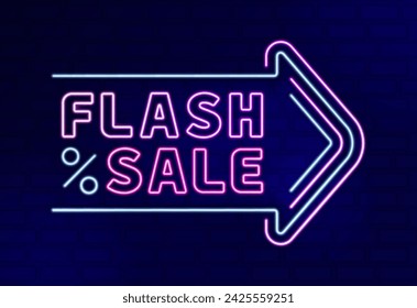 Ilustración de línea de luz de neón de FLASH SALE con la siguiente dirección de flecha y signo de porcentaje para la oferta de la tienda de moda y la venta de liquidación. Se puede utilizar para el sitio web, póster, folleto, folleto, anuncios, promoción