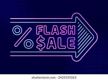 Neon light line illustration of FLASH SALE with percent and dollar sign in next arrow direction for fashion clearance sale and bar restaurant offer. Can be used for website, poster, flyer, brochure