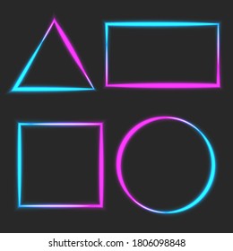 Neon light linear blank glowing frame blue pink line glow, square, rectangular, triangular, round geometric shape border mockup