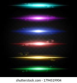 Neon light linear effect. Glowing all colours lines of light. Abstract wallpaper background template. Vector illustration