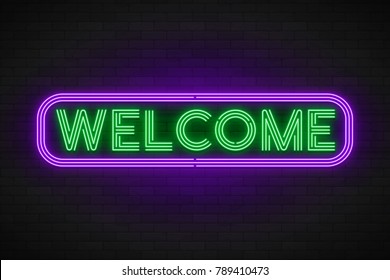 Neon light linear promotion banner, price tag, welcome. Swatch color control
