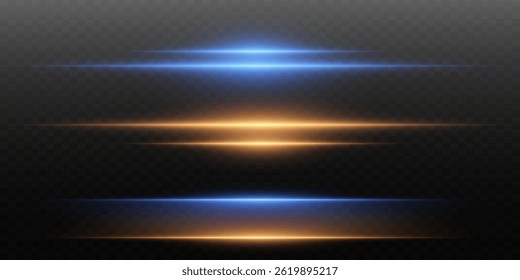 Neon light lines effect. Horizontal blue and yellow light rays. On a transparent background.
