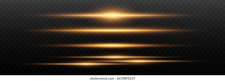 Efeito de linhas de luz néon. Raios luminosos azuis e amarelos horizontais. Em um fundo transparente.