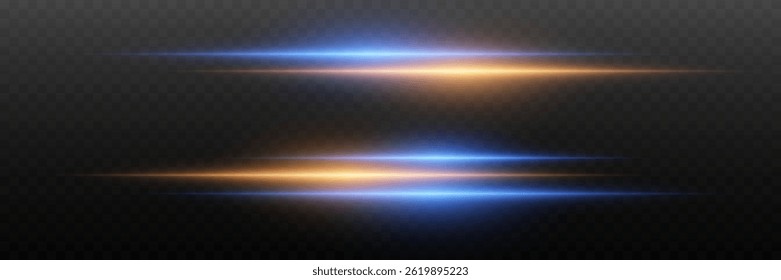 Neon light lines effect. Horizontal blue and yellow light rays. On a transparent background.