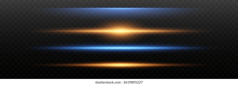 Neon light lines effect. Horizontal blue and yellow light rays. On a transparent background.