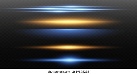 Neon light lines effect. Horizontal blue and yellow light rays. On a transparent background.