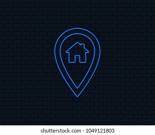 Neon light. Map pointer house sign icon. Home location marker symbol. Glowing graphic design. Brick wall. Vector