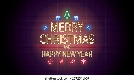 Neon light of Merry Christmas and happy new year on brick wall background