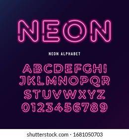 neon light modern font. vector alphabet. neon tube letters and numbers on dark background.