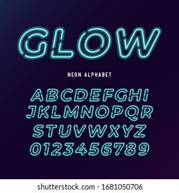 neon light modern font. vector alphabet. neon tube letters and numbers on dark background.