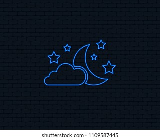 Neon light. Moon, clouds and stars icon. Sleep dreams symbol. Night or bed time sign. Glowing graphic design. Brick wall. Vector