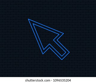 Neon light. Mouse cursor sign icon. Pointer symbol. Glowing graphic design. Brick wall. Vector