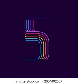 Neon light number five symbol. Six thin lines colored font. Perfect for line logo, events posters, vivid emblem, nightlife banner and futuristic identity. 