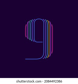 Neon light number nine symbol. Six thin lines colored font. Perfect for line logo, events posters, vivid emblem, nightlife banner and futuristic identity. 